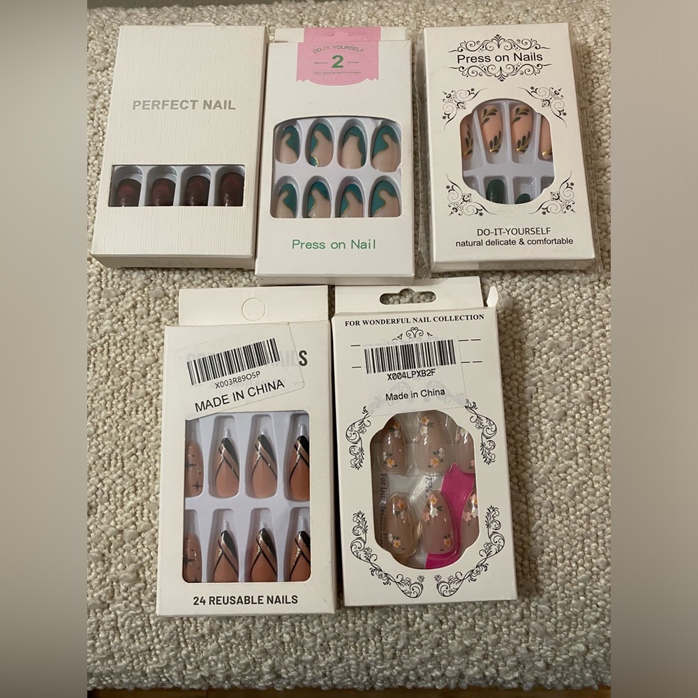 Lot of 5 packs of press on nails almond coffin shapes NEW